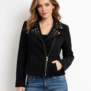 REVUE Black Wool Jacket Womens L Studded Collar Zip Front Moto Biker Style Y2K